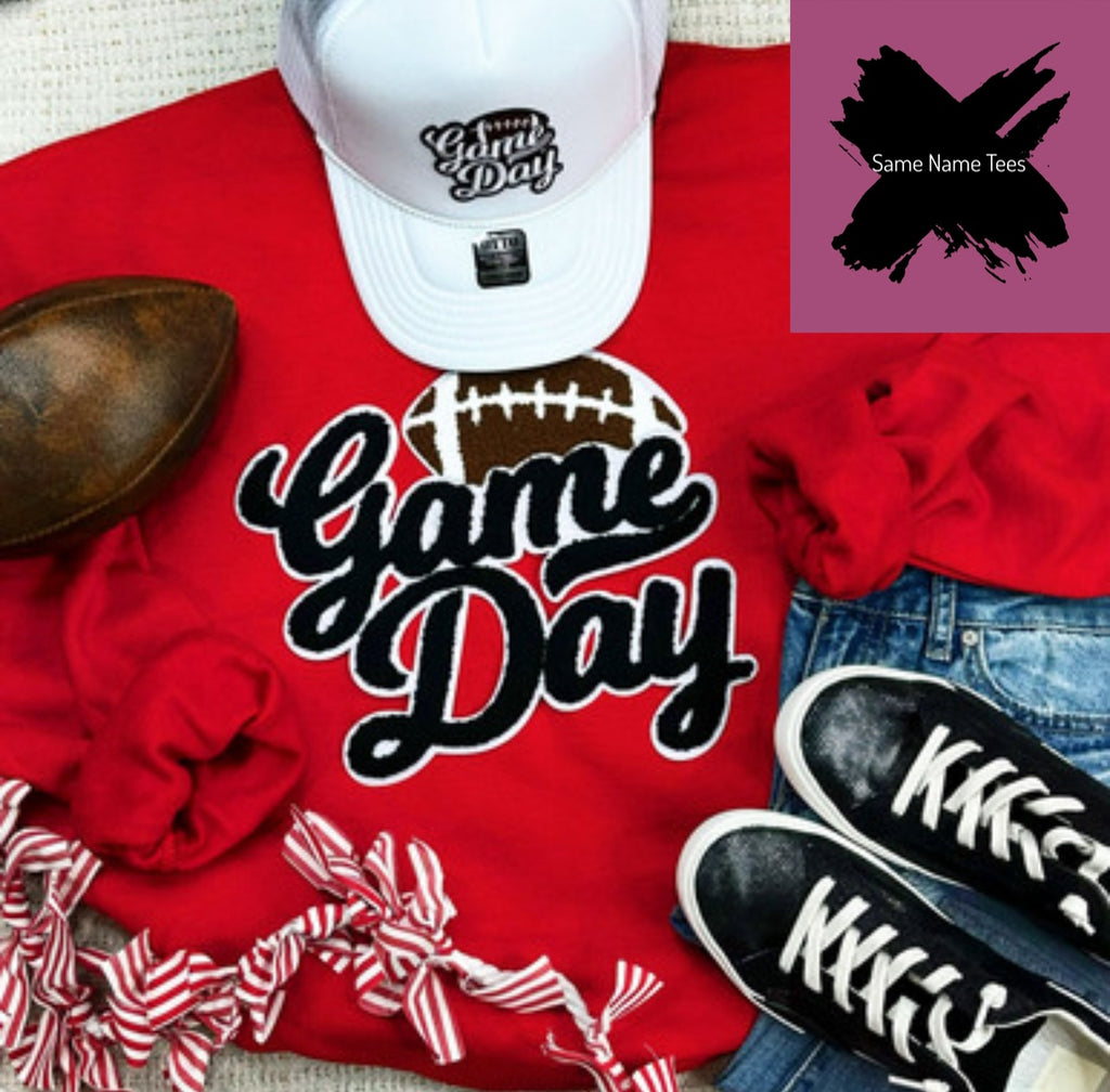 Black Game Day Football Chenille Patch Crewneck Sweatshirt