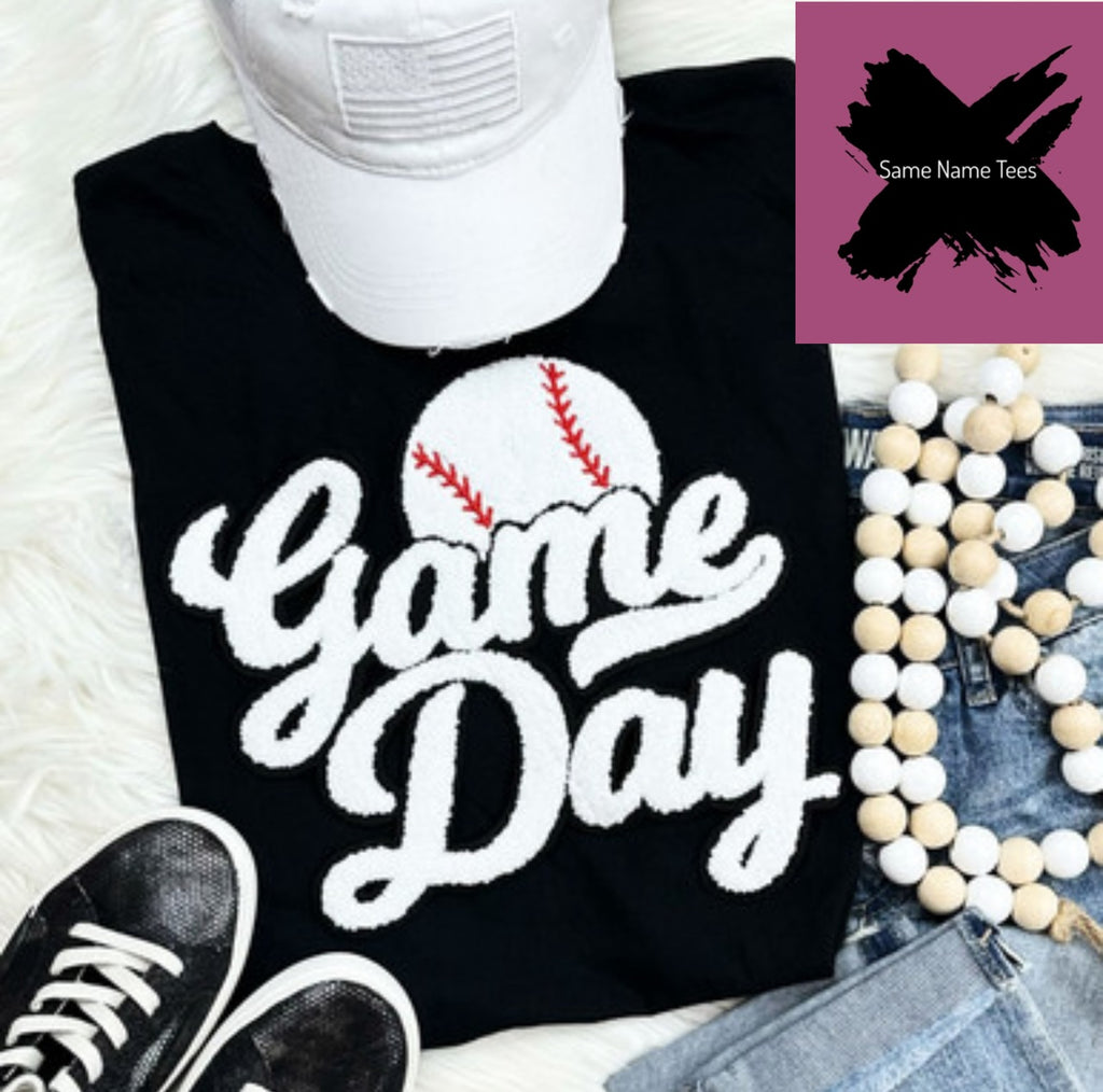 White Game Day Baseball Chenille Patch Crewneck Sweatshirt